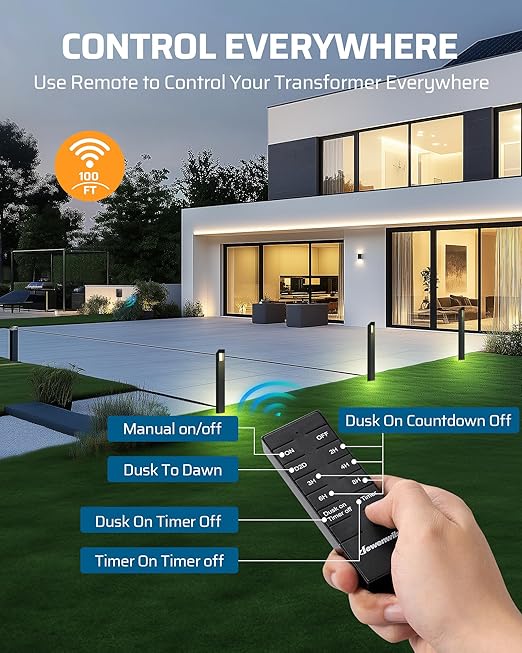 DEWENWILS 300W Low Voltage Landscape Transformer, 120V AC to 12V DC, Outdoor Landscape Lighting Transformer with Remote, Photocell Sensor & Timer, Weatherproof for Garden Spotlights Pathway Lights