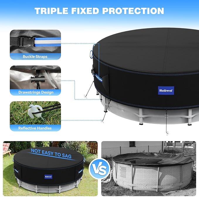 10 Ft Round Pool Cover with Reflective Strips, 420D Swimming Pool Cover for Above Ground Pools, Solar Cover with Drawstring and Ground Nails for Dustproof, UV Protected