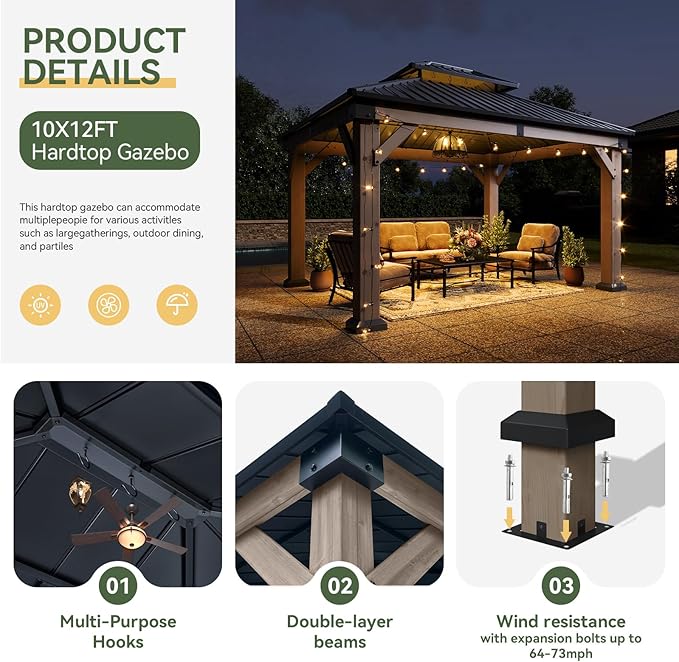 Aoxun 10' x 12' Outdoor Wood Gazebo, Hardtop Gazebo Permanent Wooden Pavilion with Galvanized Steel Double Roof, for Patio, Garden, Deck, Cedar Wood