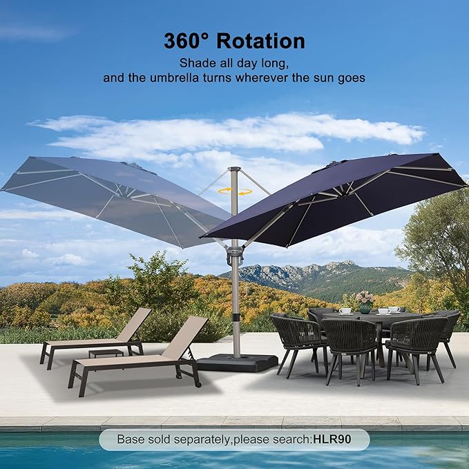 PURPLE LEAF 10' X 10' Patio Umbrella Outdoor Cantilever Umbrella, Aluminum Offset Umbrella with Champagne Frame and 360° Rotation for Pool Deck Garden, Navy Blue
