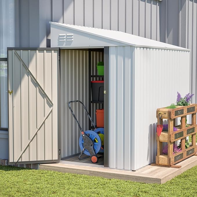 4x7 Ft Outdoor Storage Shed - Heavy Duty Metal Garden Shed, Galvanized Steel with Weather Protection, Lockable Tool & Bike Storage, Space-Saving Lean-to Design for Backyard (White)