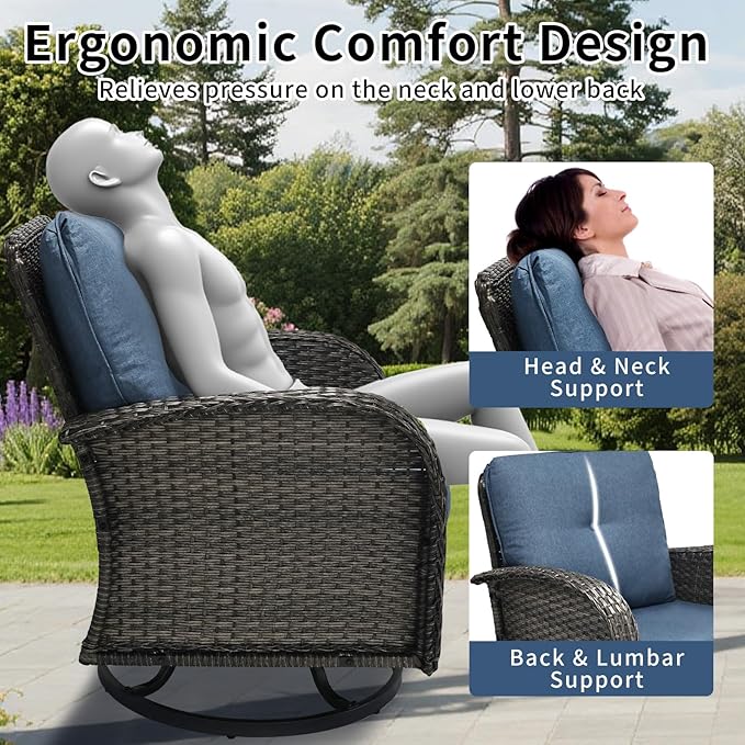 3 Pieces Patio Furniture Set, Outdoor Swivel Rocking Chair Set of 2 with Side Table - 360° Swivel, Thick Cushions, All-Weather Bistro Set for Deck, Porch, Pool(Navy, Grey Full-Weave Rattan)