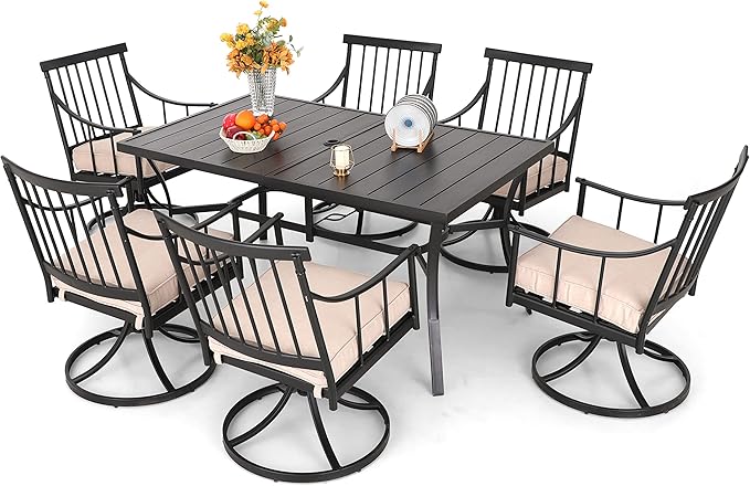 PHI VILLA 7 Pieces Outdoor Dining Set for 6, Black Rectangle Wrought Iron Table with Umbrella Hole & Swivel Metal Chairs with Cushions, Modern Furniture for Patio, Deck, Yard, Porch