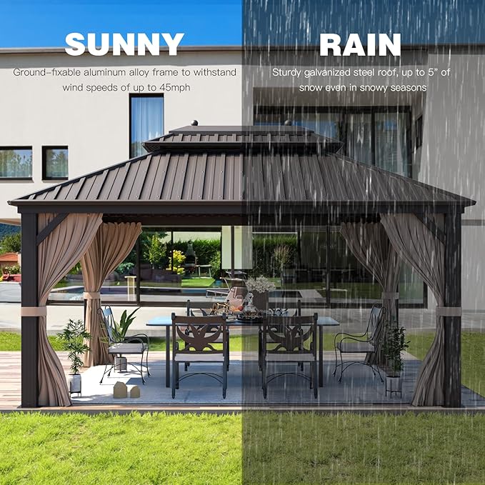 YOLENY 10'x13' Hardtop Gazebo with Galvanized Steel Double Roof, Pergolas Aluminum Frame, Netting and Curtains Included, Metal Outdoor Gazebos for Garden, Patios, Lawns, Parties