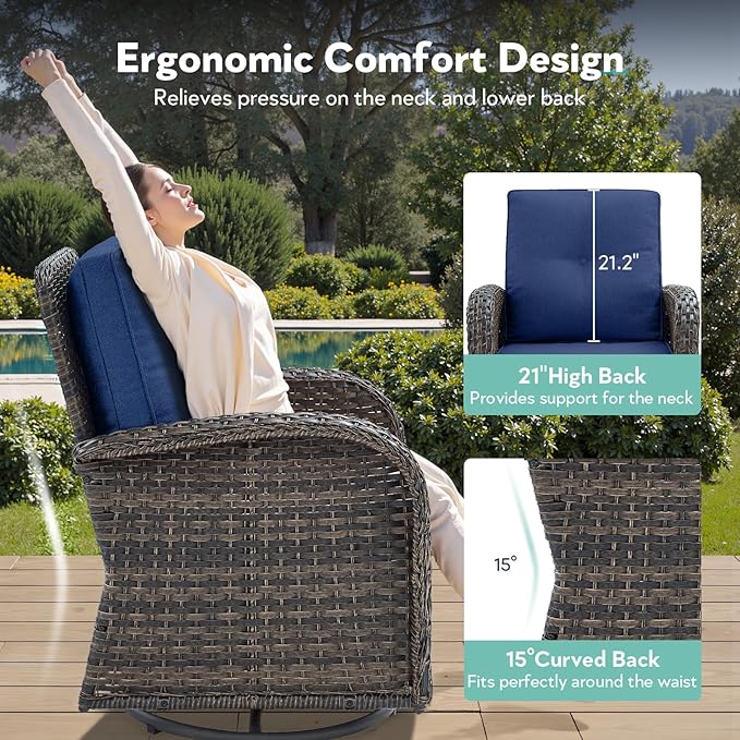 Outdoor Swivel Glider Rocker Chairs - 3 Piece Patio Furniture Set, Patio Bistro Sets with Tempered Glass Side Table, for Balcony, Porch - Brown Wicker, Blue Cushion