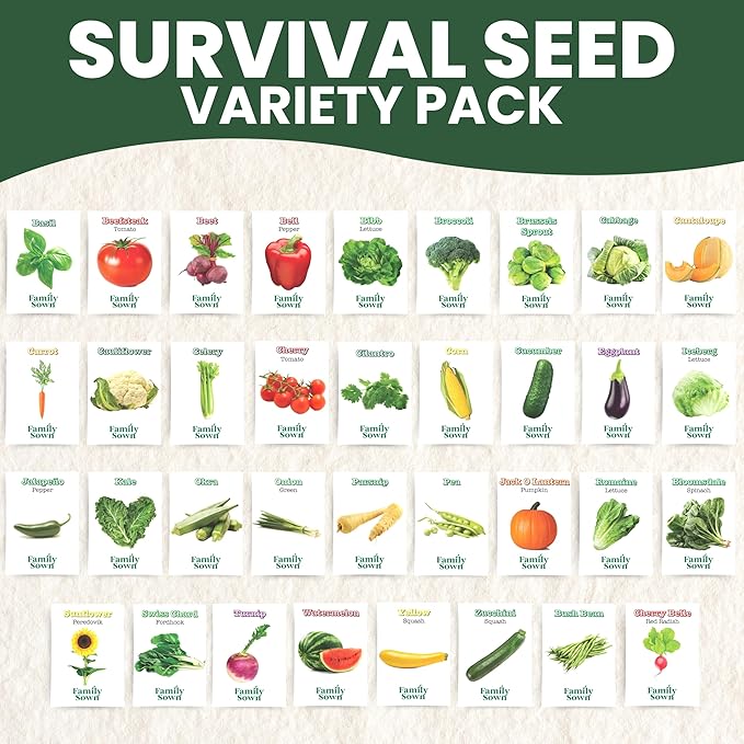 35 Vegetable Seed Packets | Survival Variety Pack | 2025 Season | Individually Packed Vegetables, Herbs and Fruits | Emergency Seed Vault for Doomsday Prepping | by Family Sown