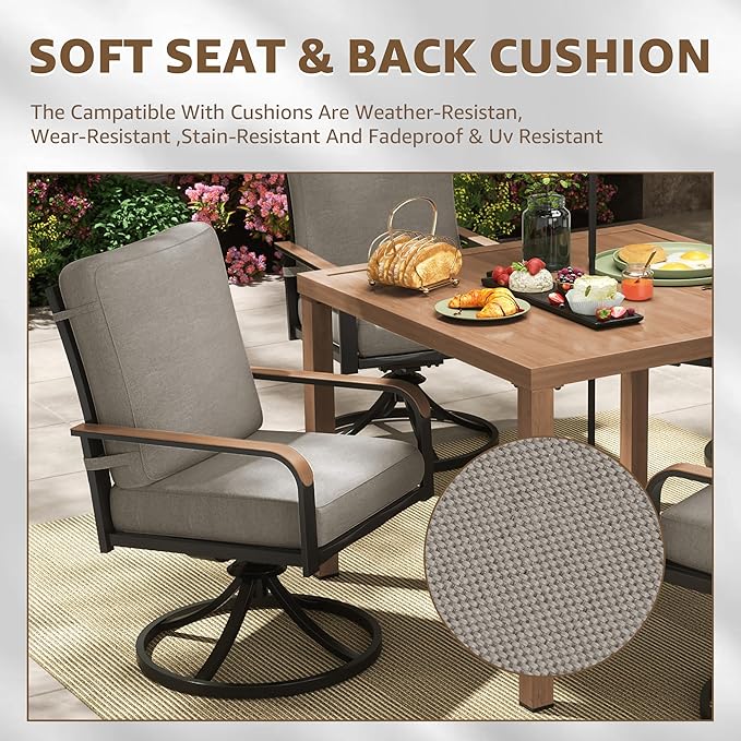 NATURAL EXPRESSIONS 5 Piece Outdoor Patio Dining Sets, 4pcs Swivel Dining Chairs & Square Woodgrain Dining Table with 1.65”Umbrella Hole for Lawn, Garden, Deck, Backyard and Porch