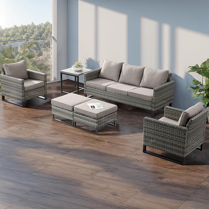 Wicker Outdoor Patio Furniture Set - 5 Piece Patio Conversation Set with 2 Wicker Armrest Chairs,2 Rattan Ottoman and 1 Metal Side Table for Outside Porch Deck Backyard Garden(Mixed Grey/Grey)
