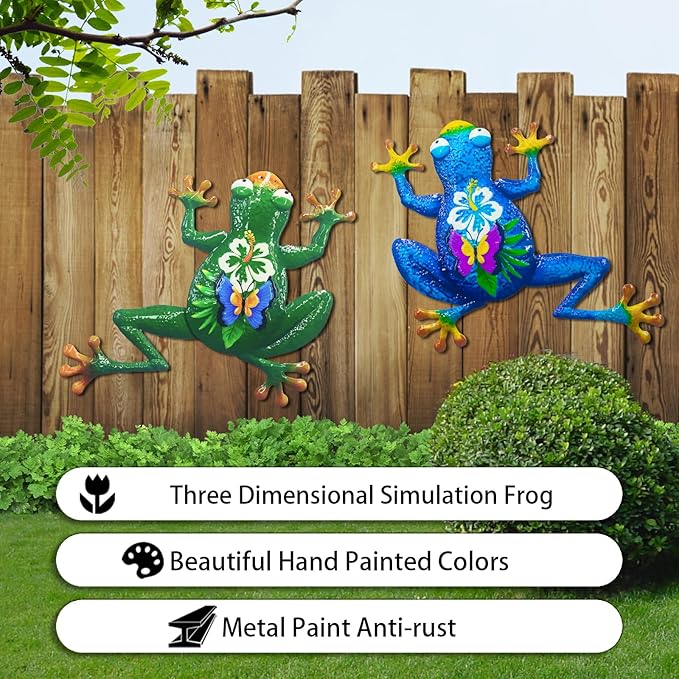 John's Studio 2Pcs Metal Frog Wall Decor Outdoor Garden Hanging Art Sculptures Home Theme Decorations for Kitchen Bathroom and Pool
