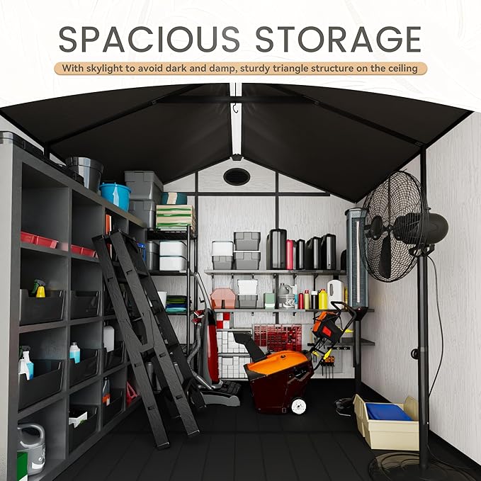 8 x 8 FT Plastic Outdoor Storage Shed with Floor,Garden Resin Shed with Window and Lockable Door, Outside Sheds for Bike, Garbage Can, Tool