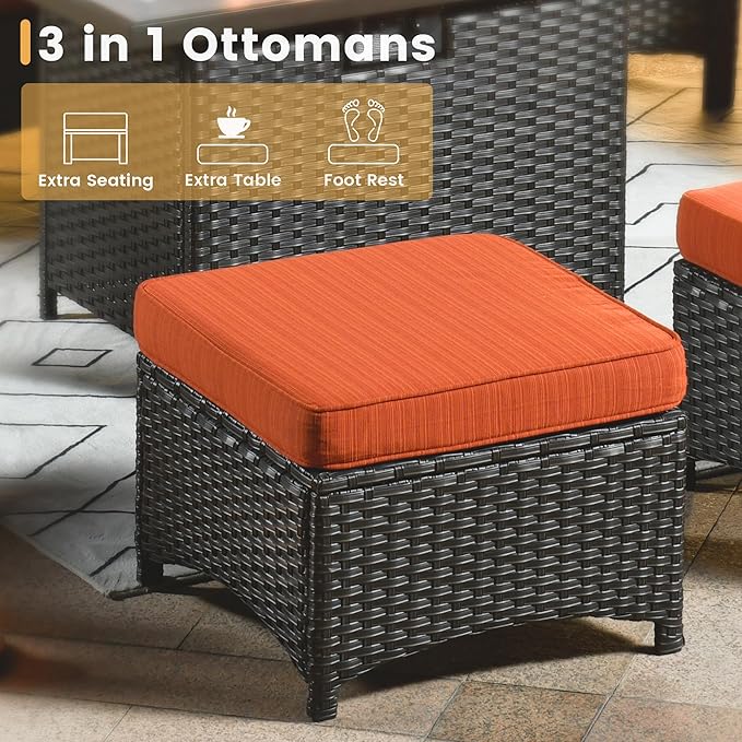 HOOOWOOO Patio Furniture Set,7 Piece Outdoor Furniture Set with Fire Pit Table,Wicker Patio Conversation Couch Swivel Chairs Ottoman Set,Orange Red