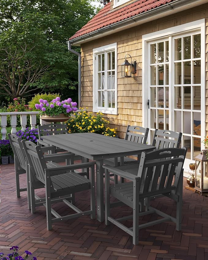 HDPE Outdoor Patio Dining Set with Table & 6 Chairs, All-Weather 7-Piece Outdoor Table and Chairs, 2" Umbrella Hole, Patio Furniture for Garden, Backyard, Deck | Grey