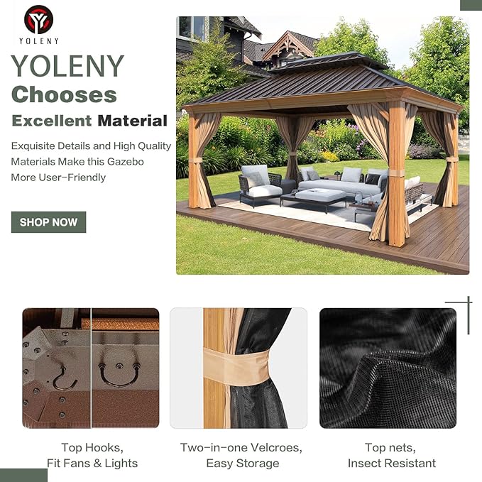 YOLENY 12' x 14' Hardtop Gazebo Wood Grain Aluminum Frame Gazebo, Outdoor Permanent Metal Pavilion with Netting and Curtains for Deck, Backyard, Patio, Lawns