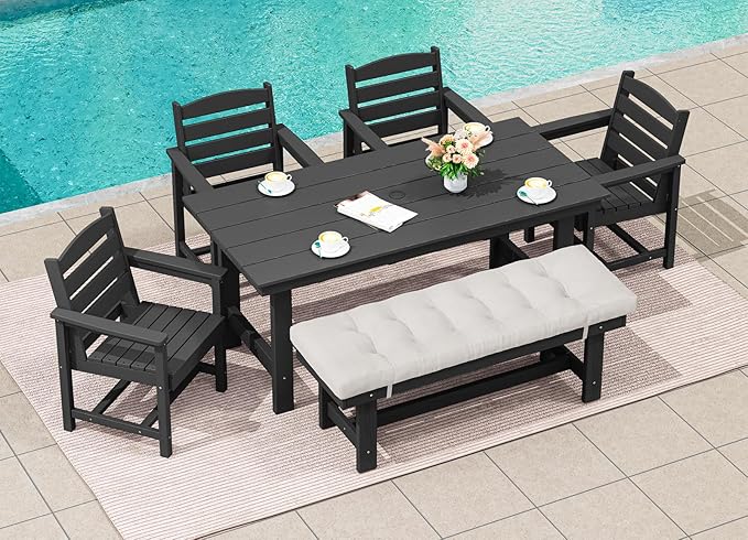 SERWALL Outdoor Dining Set for 6, HDPE Outdoor Furniture with Umbrella Hole & 1 Cushioned Bench & 4 Outdoor Dining Chairs, Black