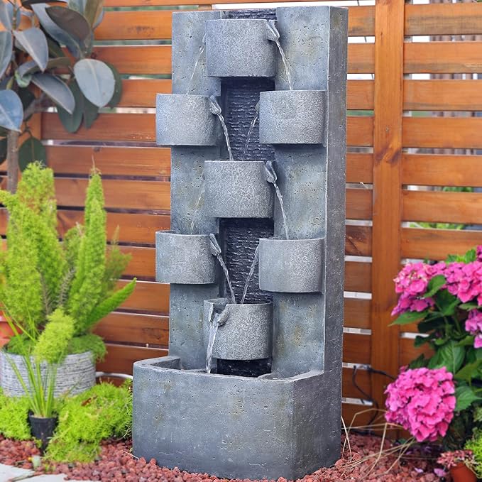 Outdoor Water Fountain Garden - Waterfall Large Water Feature Fountains with LED Lights & Pump, Concrete Artistry for Patio Yard Pool Home Decor, (45 inches Tall, Gray)