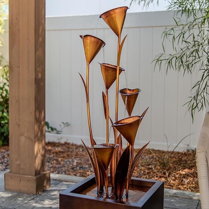 XBrand Metal Sculptural Multi-Tiered Flower Water Fountain, No LED Lights, Bronze, 46" Tall