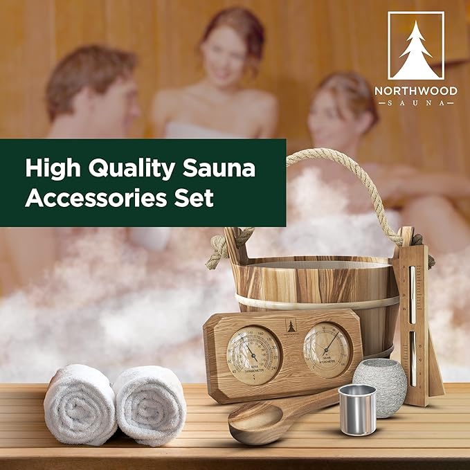 Sauna Accessories Kit - Handmade from Canadian Red Cedar Wood - Core Set (Bucket & Ladle, Thermometer & Hygrometer, Sand Timer, Aromatherapy Cup)