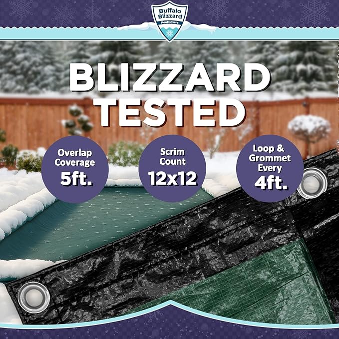 Buffalo Blizzard Supreme Plus 20 ft x 32 ft Rectangular Winter Pool Cover | Green/Black | Heavy Duty for Above Ground Swimming Pools | Easy Install | Cold & UV Resistant | Seasonal Debris Protection
