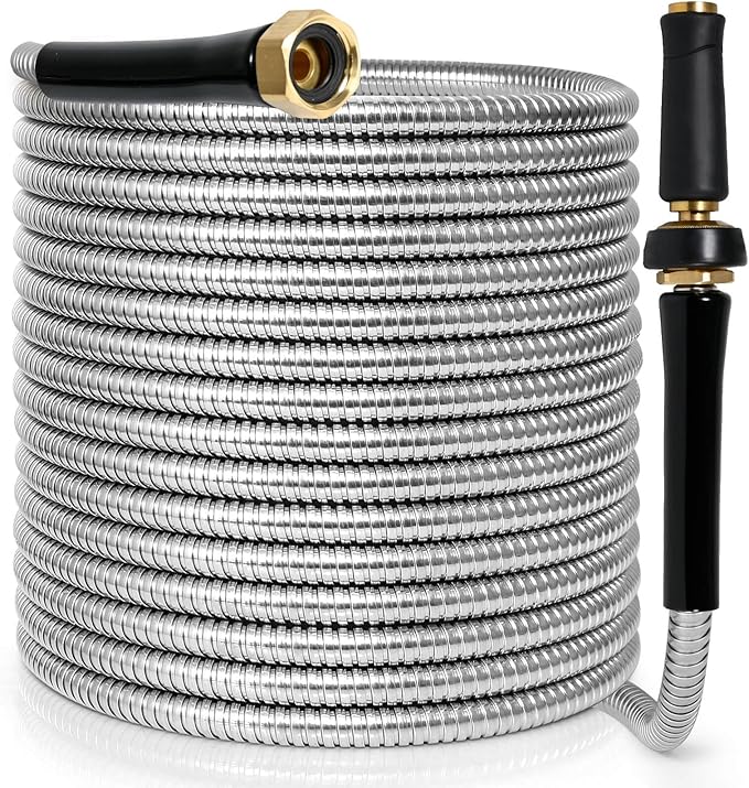 TOOLCY Metal Garden Hose- 304 Stainless Steel Water Hose 50 ft with Brass Nozzle - Super Flexible, No Kink, Heavy Duty, Puncture-proof, Lightweight, Durable Garden Hoses for Yard, Outdoor, Lawn
