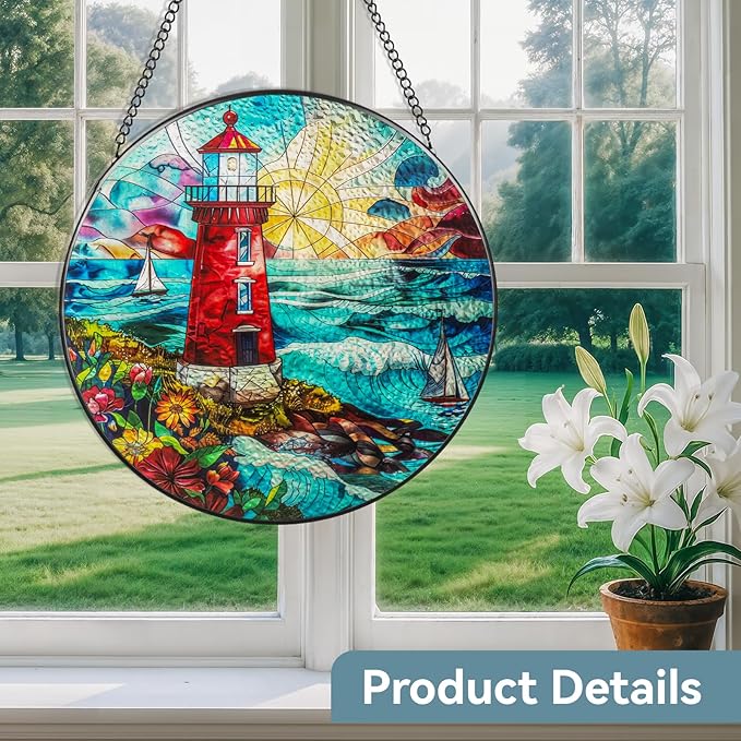Suncatcher Stained Glass Window Hanging - Lighthouse Glass Panel with Metal Chain and Hooks Handmade Sun Catcher Decoration for Window Garden Home Christmas & Birthday Gifts (8 Inch)