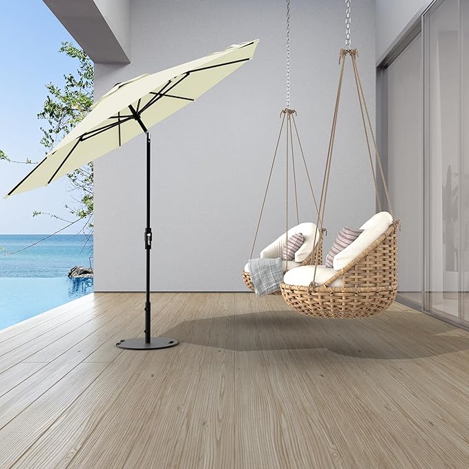 Midtown Umbrellas The Swilt 9 Feet Patio Umbrella in Sunbrella Canvas Natural Acrylic Fabric - Fiberglass Ribs, Auto-Tilt Aluminum Frame For Backyard, Deck, Garden, Pool - White Pole