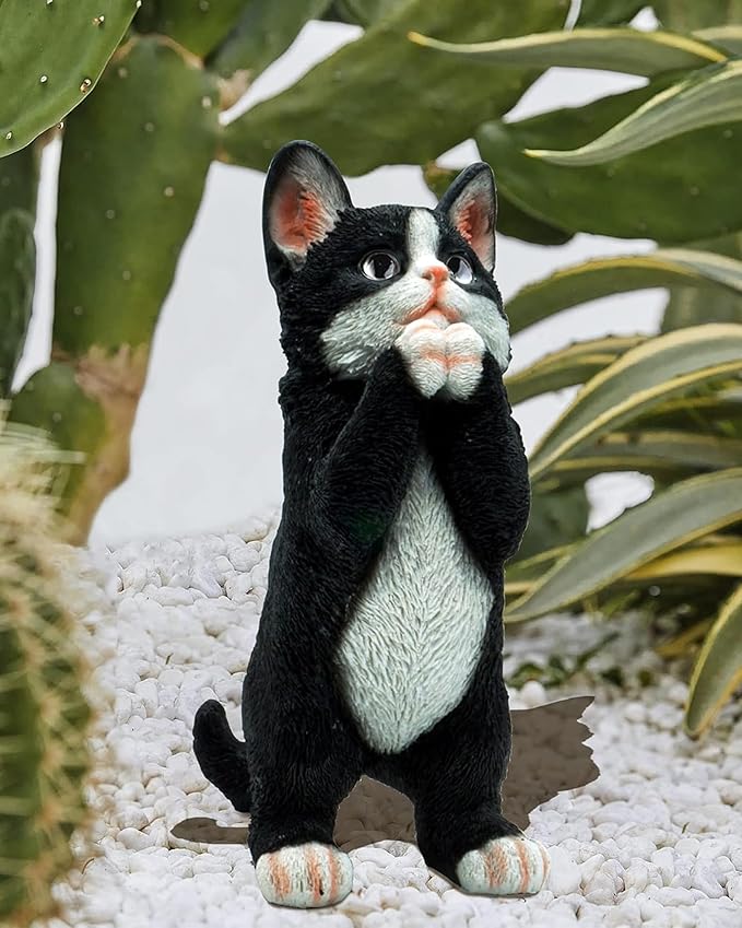 Elenon Cat Garden Statue Decorative for Yard, Praying Black & White Cat Figurines Home Lawn Decor, Patio Kitten Tuxedo Statues Pets Memorial Ornament for Cat Lovers