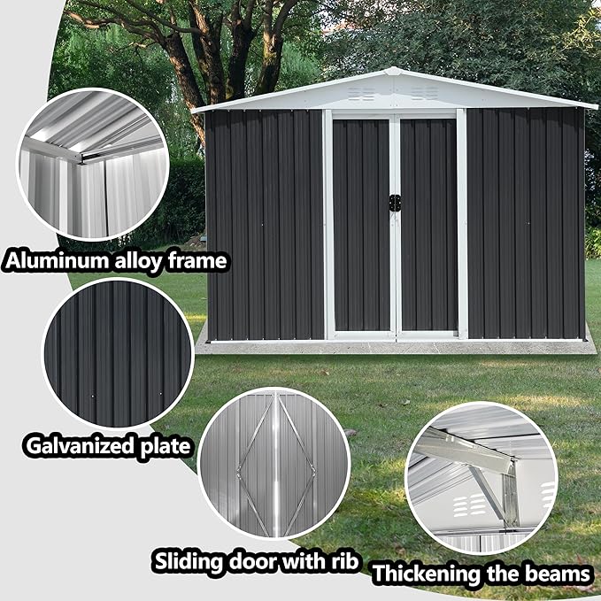 8x6 FT Outdoor Storage Shed,Metal Shed with Sliding Door & Air Vent,Garden Shed W/Sloped Roof,All Weather Waterproof Tool House for Backyard,Patio,Garage,Lawn,Grey