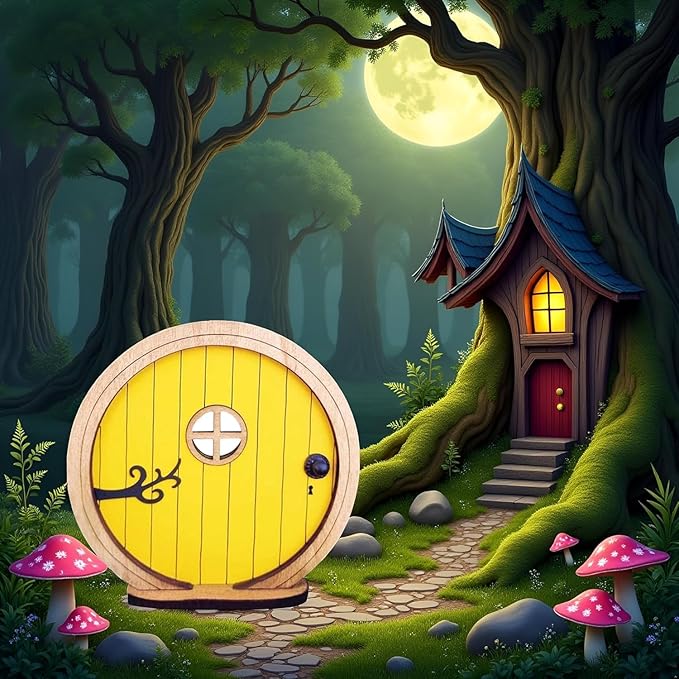 Yellow Fairy Garden Door for Tree, Fairys Doors for Trees Outdoor and Tree Trunk,Mini Fairy Garden Sculpture Lawn Ornament Decor, Fairytales Door Decoration,Gardens Miniatures,Buildings