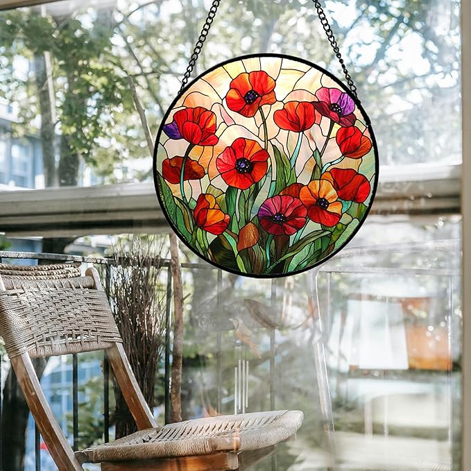 Stained Glass Window Hanging - Poppy Birth Flowers Suncatcher for Door Garden Yard Wildflowers Sun Catchers Decor Christmas Mother's Day Birthday Gifts for Women Mom Nana Friend 15 in