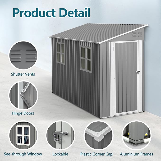 4X8 FT Outdoor Storage Shed W/ 2 Windows & Floor Frame,Lean to Shed W/Reversible Installation,Metal Garden Tool House W/Air Vents,Lockable Door & Sloped Roof,for Backyard Patio Lawn,Gray