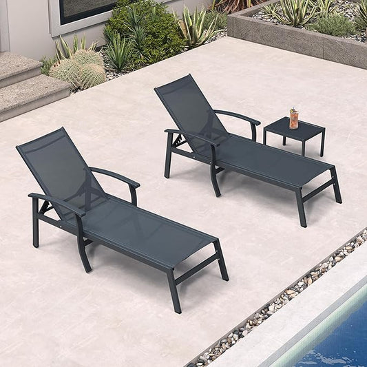 PURPLE LEAF Chaise Lounge Chair Outdoor 2 Pieces Pool Lounge Chairs 5 Adjustable Position with Armrests and Side Table Aluminum Patio Lounge Chair for Outside Backyard Beach Pool, Grey