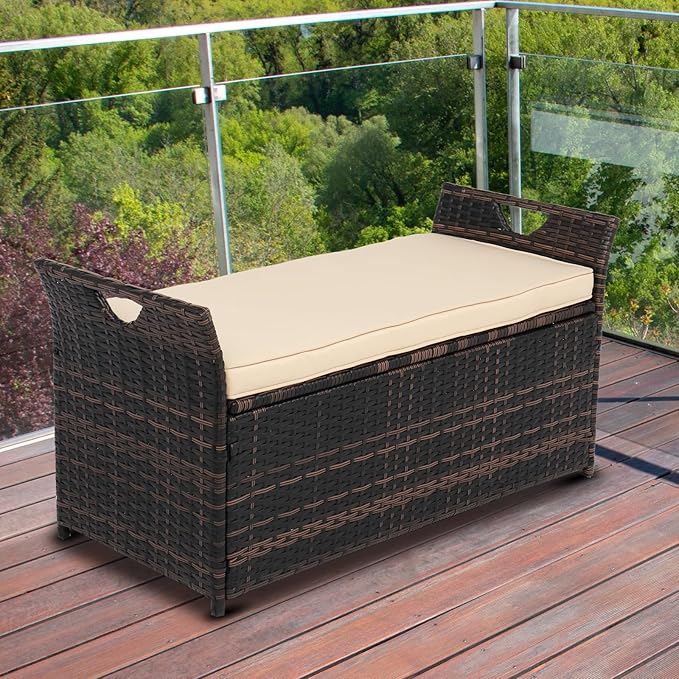 VINGLI 40 Gallon Outdoor Rattan Deck Box w/Cushion, Patio Wicker Storage Box for Tools and Supplies, Garden Deck Storage Bin for Balcony, Porch, Pool, Yard, Brown