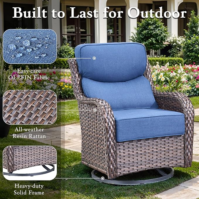 Luxury High Back Outdoor Furniture with 6-inch Extra Thick Cushions, Patio Furniture Set with Swivel Chairs, 8 PCS Wicker Conversation Set for Yard, Deck, Poolside, Brown/Blue