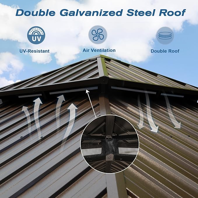 Domi 10' x 14' Hardtop Gazebo Permanent Metal Gazebo with Galvanized Steel Double Roof, Curtains and Netting for Party, Wedding, Outdoor Dining, Patio, Backyard, Brown