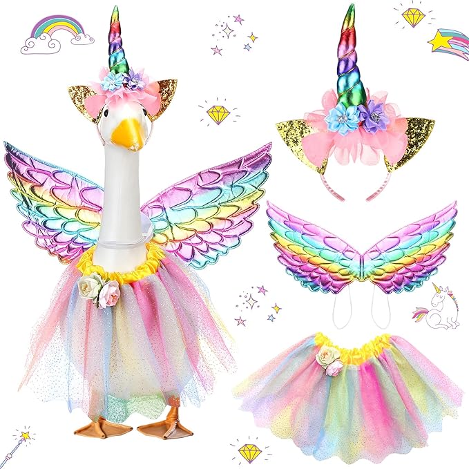 Abbylike Unicorn Goose Outfits Halloween Porch Goose Costume for 23'' Cement Statue Unicorn Headband Tutu Skirt and Wing for Party Outdoor Yard Lawn Garden Patio Decor