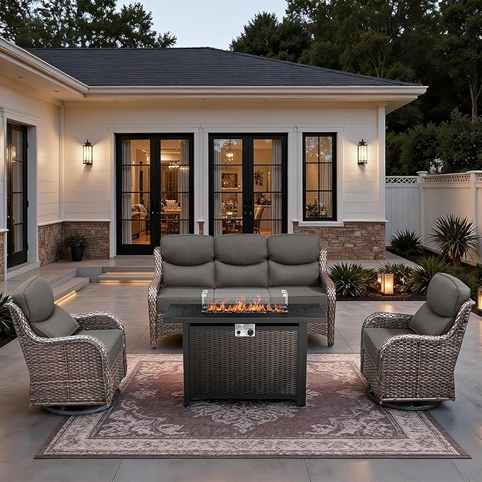 HUMMUH 4 Pieces Patio Furniture Set with Fire Pit High Back Outdoor Furniture Set 6-inch Cushions Wicker Patio Swivel Rocker Chairs for Balcony Garden,Lawn,Deck