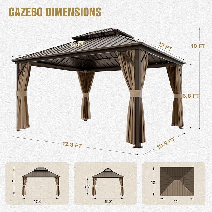 COOS BAY 12x14 Hardtop Gazebo with Aluminum Frame, Galvanized Steel Double Roof Outdoor Pavilion with Netting and Curtains, Dark Brown/Tan