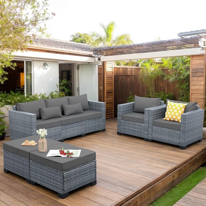 Patio Furniture Set, 5-Piece Outdoor Wicker Conversation Set with All-Weather PE Rattan, Anti-Slip Cushions & Ottomans, Sectional Sofa for Patio, Balcony & Deck, Grey