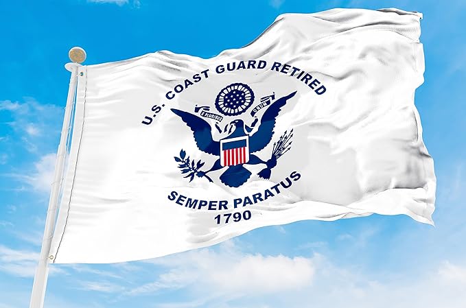 AGAS Coast Guard USCG Retired Flag 5x8 Ft - Printed 200 Denier Nylon - Double Stitched Edges Canvas Header Brass Grommets - Outdoor Large USA Coast Guard Retired Flag