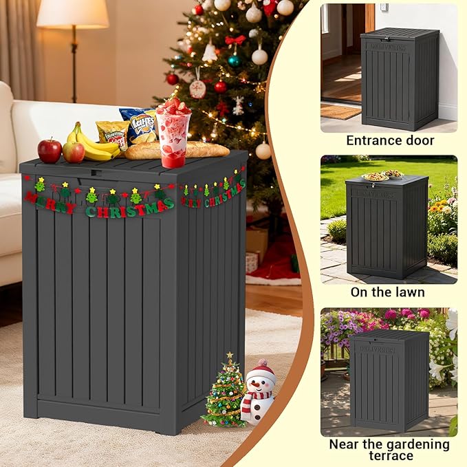 48-Gallon Lockable Outdoor Delivery Box, High-Density Resin Storage Chest with Wood Grain Finish, Weatherproof for Porch, Balcony, and Garage Storage, Black