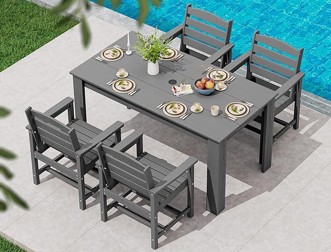 SERWALL Patio Dining Set for 4, Outdoor Dining Sets for 4 Person with 1 Umbrella Hole Cut-Out Rectangular Table and 4 Chairs, HDPE Dining Sets for Garden, Backyard, Poolside, Gray