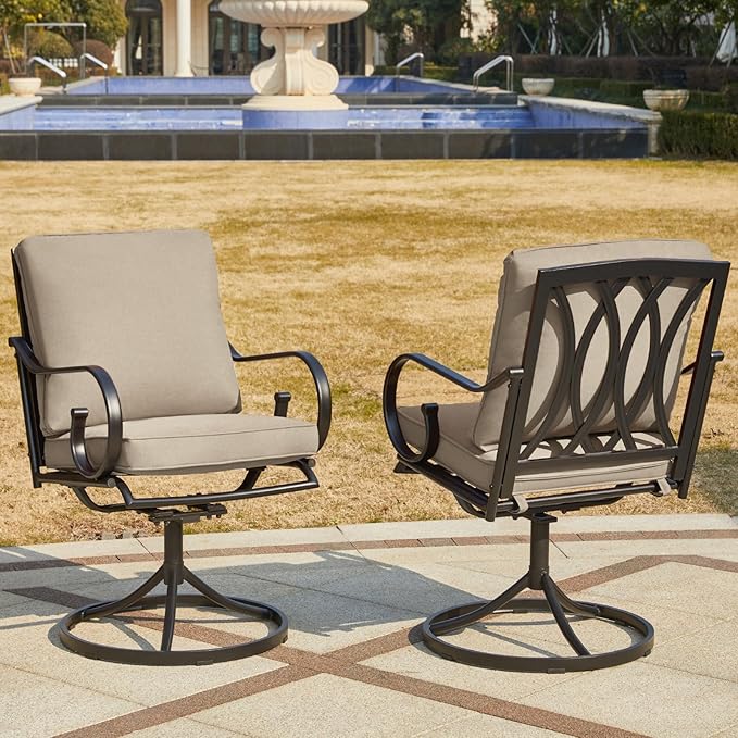 MELLCOM Patio Swivel Chair Set of 8, Heavy Duty Outdoor Dining Chairs with Thickened Cushions, Metal Patio Chairs Gentle Rocker for Outside, Garden Lawn & Porch, Backyard, Khaki