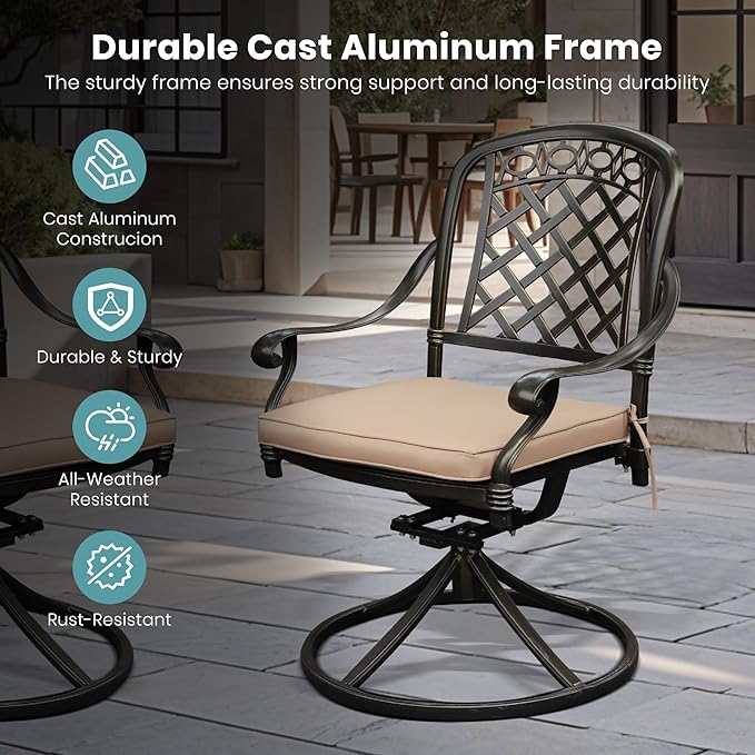 Set of 6 Cast Aluminum Patio Chairs with Cushions, All-Weather Aluminum Outdoor Swivel Chairs, Metal Outdoor Rocking Chairs for Backyard, Poolside and Bistro (Khaki, 6 Pieces)