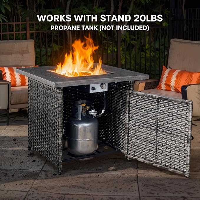 Patio Luxury Conversation Set of 4 Swivel Chairs with Side Table and 30in Square Wicker Firepit Table, Grey Wicker|Blue Cushions
