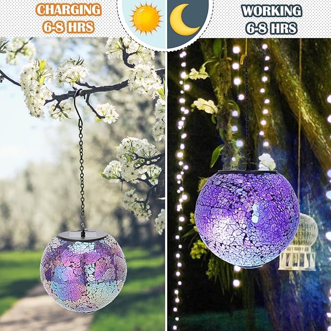 Solar Hanging Lantern Solar Outdoor Lanterns Mosaic Gazing Ball Outdoor Hanging Lights Outdoor Lights Waterproof Garden, Patio, Pathway & Yard Décor Purple
