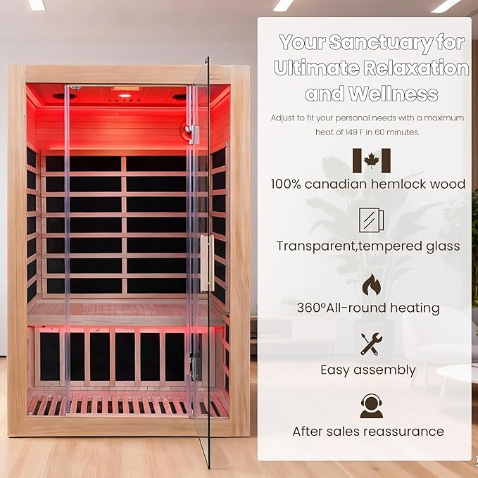 2-Person Home Infrared Sauna with Red Light Therapy & Bluetooth Speakers Dry Heat Sauna for Home & Gym 1760W 120V Low EMF with Control Panel, Indoor Personal Luxury Spa for House and Gym