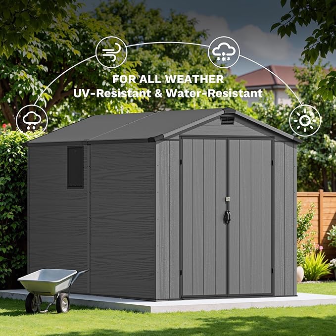 Devoko 6x10 FT Plastic Outdoor Storage Shed - Lockable Resin Tool Shed with Window & Floor - Easy Assembly for Garden, Backyard, Deep Gray
