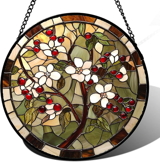 CRIS GIF Stained Glass Window Hanging - Hawthorn Tree Birth Flowers Suncatcher for Doors Garden Patio Sun Catchers Decor Christmas Mother's Day Birthday Gifts for Women Men Mom Nana Friend 9.8 in