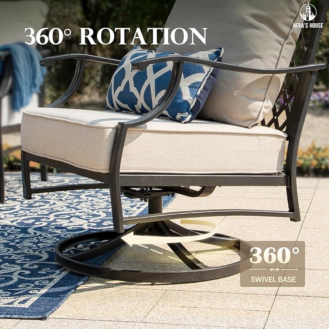 HERA'S HOUSE 4 Pieces Patio Furniture Set with Fire Pit Table, 2 x Swivel Cushioned Chair, 3-Seat Sofa with 45" Fire Pit Table, Outdoor Conversation Set for Garden, Poolside, Backyard