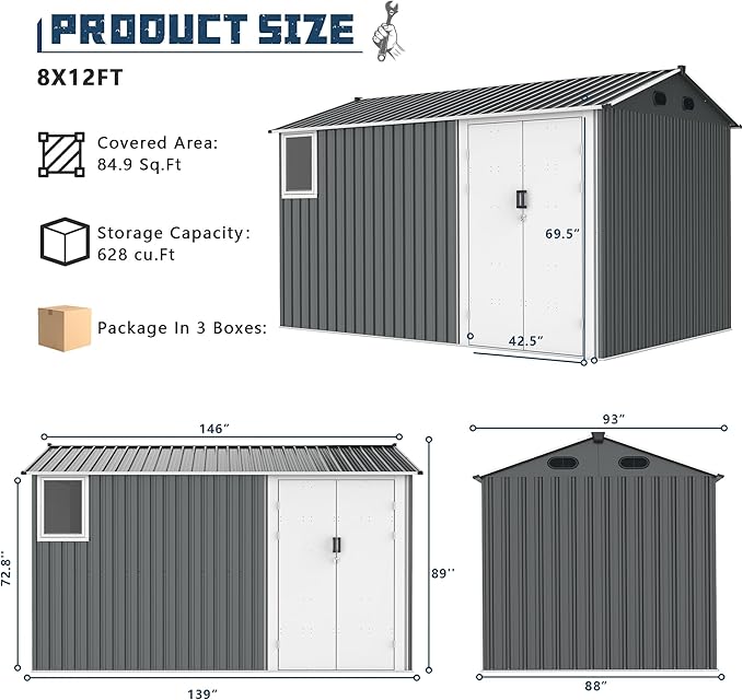 CHERY INDUSTRIAL.COM 8x12FT Outdoor Storage Shed Garden Shed Bike Storage Tool Shed with Metal Frame & Lockable Door for Patio Storage Lawn Mower Chicken Coop,Gray (Floor Base)